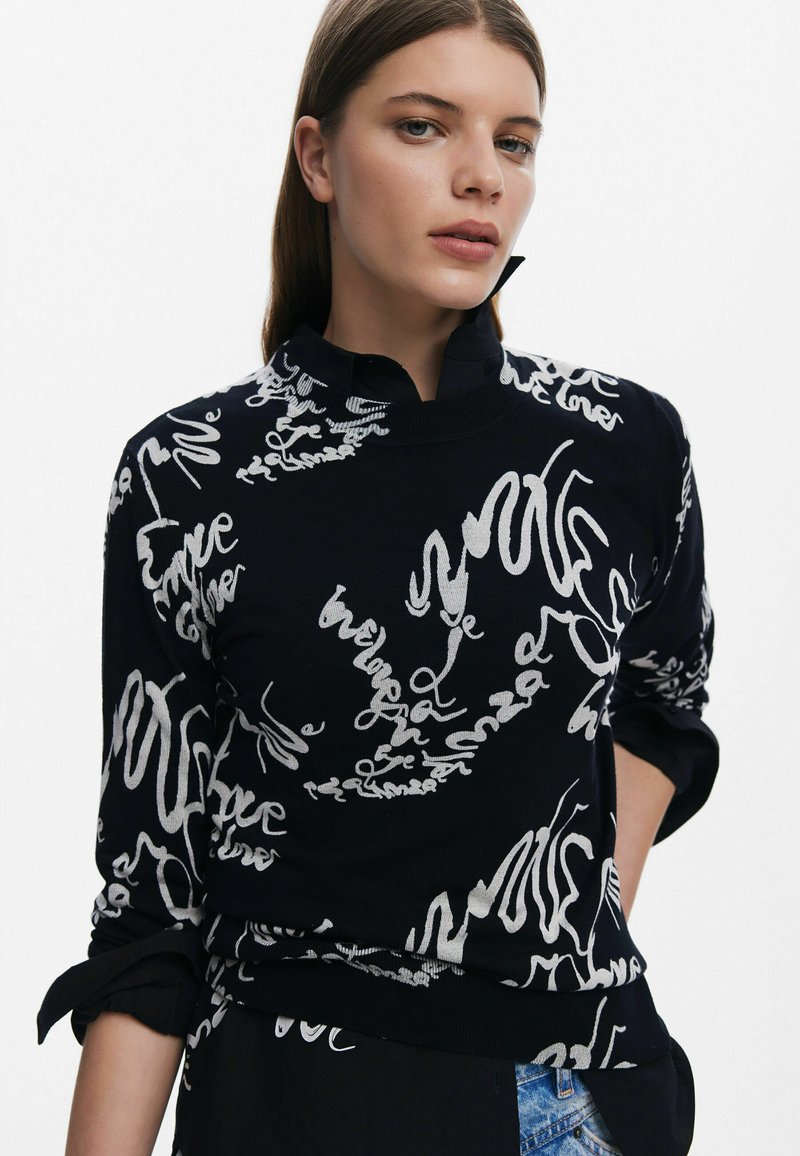 Maglione Donna Desigual In Punto Piatto - Felpa Sottile Girocollo, Maniche Lunghe Con Rilievi, Colore Nero