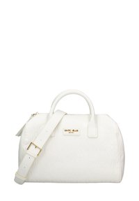Borsa strutturata bianca con motivo a logo in rilievo, doppio manico e tracolla regolabile. Presenta hardware in tonalità oro e chiusura con zip.