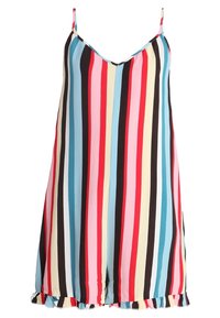 Robe rayée multicolore avec de fines bretelles spaghetti, décolleté en V et ourlet volanté. Les couleurs incluent le rouge, le noir, le bleu, le jaune et le rose.