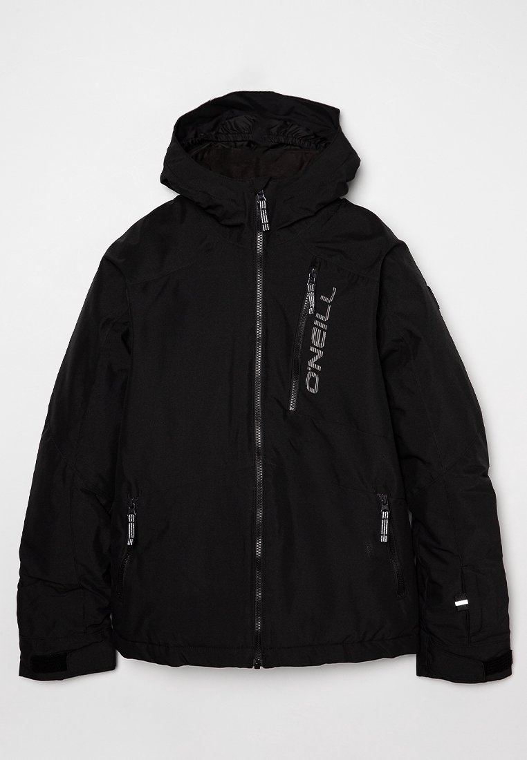 Veste isolante noire avec capuche, fermeture éclair frontale, deux poches latérales et une poche poitrine zippée, avec des accents réfléchissants et une marque.