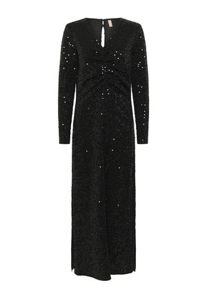 Schwarzes, langärmliges Kleid mit V-Ausschnitt und Schlüssellochöffnung. Hergestellt aus strukturiertem Stoff, verziert mit schimmernden Pailletten und seitlichem Schlitz.