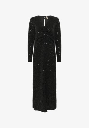 Schwarzes, langärmliges Kleid mit V-Ausschnitt und Schlüssellochöffnung. Hergestellt aus strukturiertem Stoff, verziert mit schimmernden Pailletten und seitlichem Schlitz.