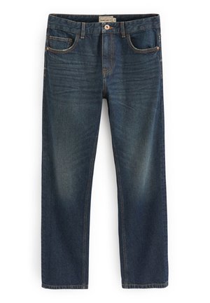 Dunkelblaue Denim-Jeans mit geradem Schnitt, featuring fünf Taschen, leichten Auswaschungen und einem Markenetikett am Bund.