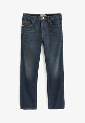 Dunkelblaue Denim-Jeans mit geradem Schnitt, featuring fünf Taschen, leichten Auswaschungen und einem Markenetikett am Bund.