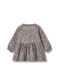 Strickkleid mit langen Ärmeln, aus weichem Stoff gefertigt, mit einem grauen Blumenmuster, einem plissierten Rock sowie gerippten Bündchen und einem Halsausschnitt.