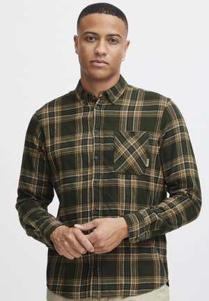 Groen en bruin geruit flanellen shirt met een button-down kraag, lange mouwen en een borstzak. Zachte textuur en regular fit ontwerp.