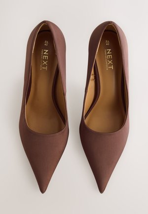 Braune Satin-Pumps mit spitzer Spitze, glatter Textur und dezentem Glanz, mit tief ausgeschnittenem Vorderteil und einer markierten Innensohle.