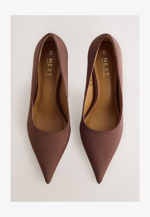 Braune Satin-Pumps mit spitzer Spitze, glatter Textur und dezentem Glanz, mit tief ausgeschnittenem Vorderteil und einer markierten Innensohle.