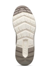 Suela de zapato con una parte superior marrón, entresuela blanca, goma texturizada con patrones de zigzag y ranuras pronunciadas para tracción.