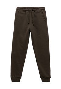 Donkerbruine joggingsbroek van zachte stof, met een elastische tailleband en trekkoord, zijzakken en geribde boorden.
