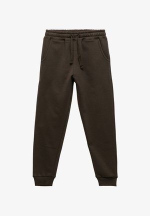 Mørkebrune sweatpants lavet af blødt stof, med elastisk talje og snor, sidelommer og ribbede manchetter.