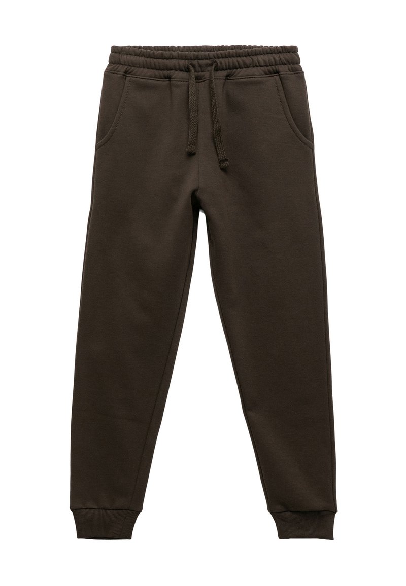 Donkerbruine joggingsbroek van zachte stof, met een elastische tailleband en trekkoord, zijzakken en geribde boorden.