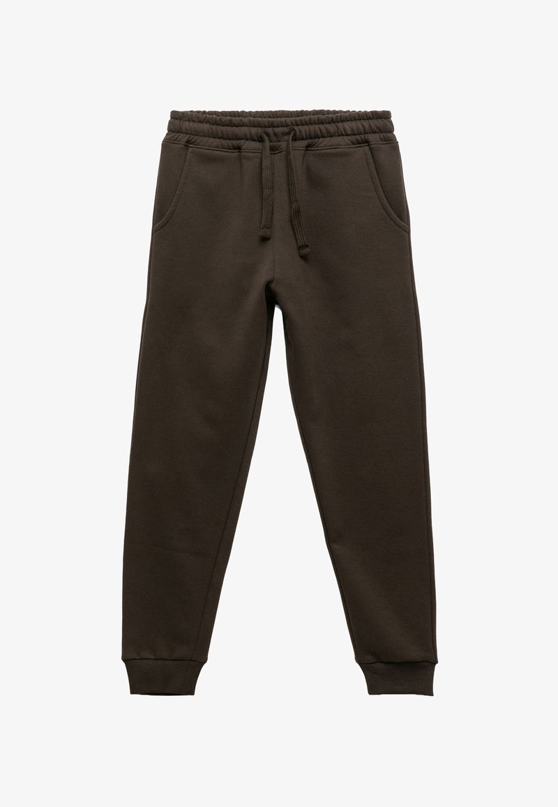 Mørkebrune sweatpants lavet af blødt stof, med elastisk talje og snor, sidelommer og ribbede manchetter.