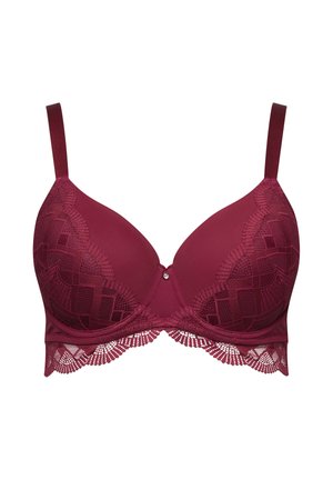 Bordowy koronkowy biustonosz z usztywnianymi miseczkami, regulowanymi ramiączkami i falistą koronkową lamówką wzdłuż dolnej krawędzi, z centralnym zdobieniem z kamienia szlachetnego.