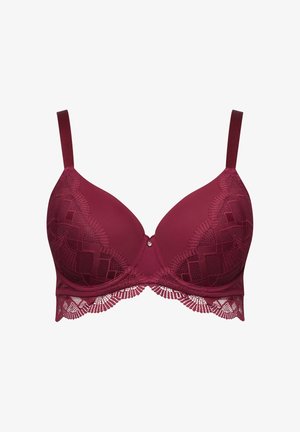 Burgundy lace bra with padded cups, adjustable straps, and scalloped lace trim along the bottom edge, centered gemstone detail.