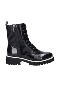 Czarne, lakierowane botki za kostkę z przeszyciem, z zapięciem na sznurówki z przodu, bocznym zamkiem błyskawicznym, teksturowanym wykończeniem oraz masywną białą podeszwą.