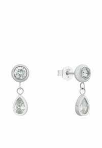 Silberfarbene Ohrringe mit kreisförmigem Stecker und Tropfenanhänger, die mit klaren Kristallakzenten verziert sind, im minimalistischem Design und mit glänzender Oberfläche.