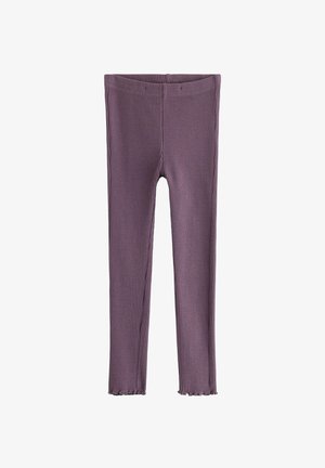 Violet ribbade knitleggings med en smal passform och krusiga kantlinjer, uppvisade platt mot en vit bakgrund.