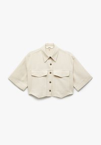 Beskarvet beige skjorte med spids krave, korte ærmer, lukning med knapper foran og to brystlommer med brune knapper.