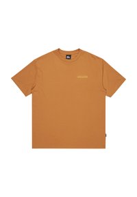 T-shirt i brændt orange, lavet af bomuld, har en rund halsudskæring og korte ærmer med et diskret guld logo på brystet.