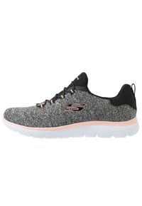 Athletic shoes with a heathered gray knit upper, black accents, pink laces, and a white cushioned sole, featuring a logo on the side.