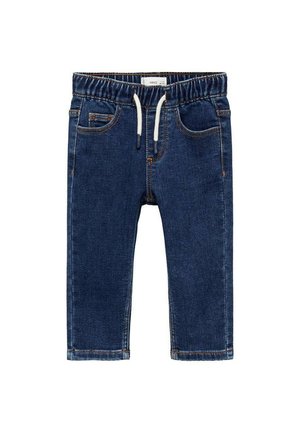 Mörkblå denimbyxor med elastisk midja, dragsko och framfickor med ljusa sömmar. Stängd fåll med en slät yta.