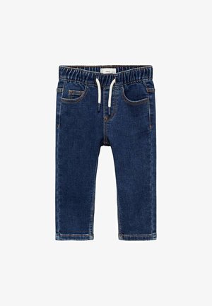 Mørkeblå denimbukser med elastisk talje, snørehuls og frontlommer med lys søm. Lukkede kanter med en glat tekstur.