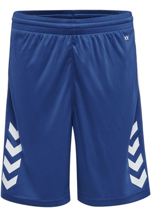 Blauwe sportshorts van soepel materiaal. Bevat witte chevronpatronen aan de zijkanten, een elastische tailleband en een relaxte pasvorm.