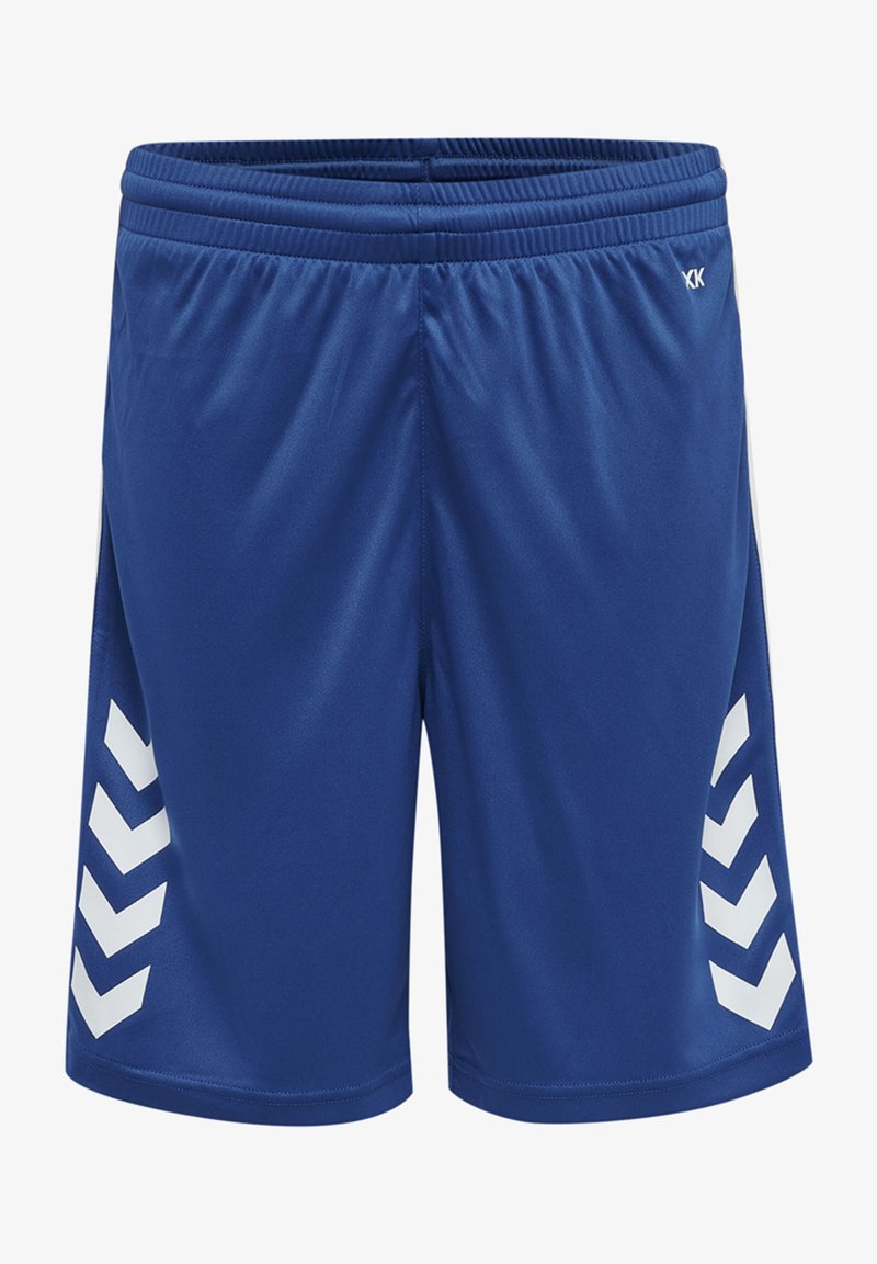 Blauwe sportshorts van soepel materiaal. Bevat witte chevronpatronen aan de zijkanten, een elastische tailleband en een relaxte pasvorm.