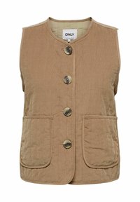 Gilet senza maniche trapuntato di colore marrone cammello con grandi bottoni rotondi sul davanti e due tasche applicate frontali.