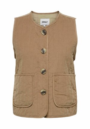 Veste matelassée sans manches de couleur camel avec de gros boutons ronds sur le devant et deux poches plaquées avant.