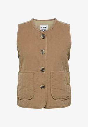 Veste matelassée sans manches de couleur camel avec de gros boutons ronds sur le devant et deux poches plaquées avant.