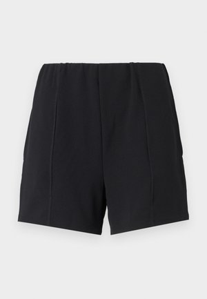 Mustad must sportlikud lühikesed püksid elastse vöökoha ja laminaatõmblustega, mugava istuvuse ja sileda tekstuuriga. Ei ole taskuid ega kaunistusi.