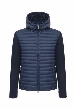 Tumesinine jakk tikitud esiosaga, kootud varrukate, kapuutsi, täispika eesluku ja kahe lukuga küljetaskuga.