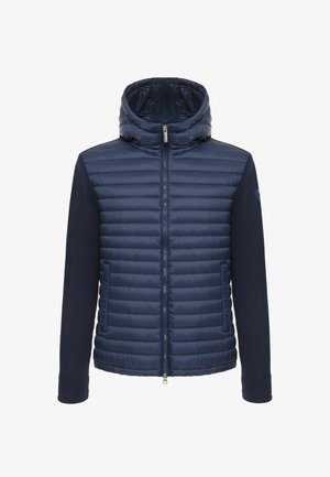 Chaqueta azul marino con frontal acolchado, mangas de punto, capucha, cremallera completa frontal y dos bolsillos laterales con cremallera.