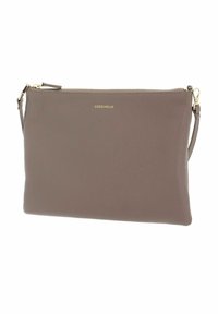 Gray leather clutch bag with textured surface, zip closure, and a detachable strap. Gold branding displayed on the front.