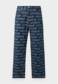 Denim jeans in dark blue featuring an all-over repeated "ICECREAM" text pattern in a lighter shade. Straight leg cut with standard waistband.