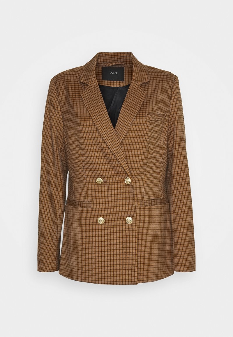 Blazer marron à carreaux à double boutonnage avec boutons dorés, revers crantés et poches avant, doublé de tissu noir.