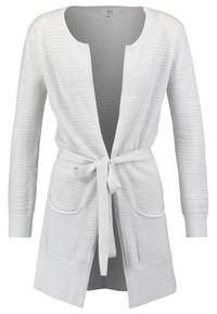 Cardigan lavorato a maglia grigio chiaro con cintura, apertura frontale, maniche lunghe, due tasche frontali e un motivo testurizzato.