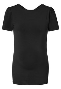 Camiseta negra de manga corta con cuello redondo y detalles de hombros abullonados. Está hecha de una tela suave y elástica. Diseño ajustado.