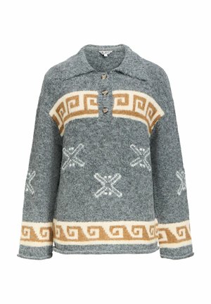 Suéter de lana gris con diseño de cuello, tres botones y una banda decorativa con un patrón marrón y crema. Acentuado con motivos blancos.