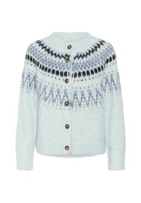 Vaaleansininen neule cardigan, jossa on pyöreä kaula-aukko, musta- ja sinipainanteinen kaarroke sekä neljä ruskeaa nappia edessä.