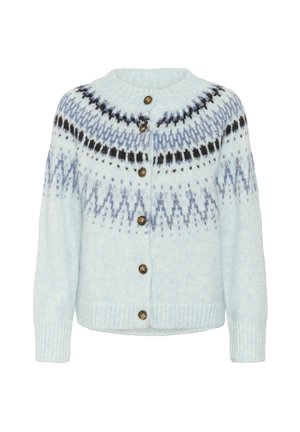 Cardigan tricotat de un albastru deschis, cu guler rotund, cu un model în zona umerilor de culoare neagră și albastră, având patru nasturi maronii pe față.