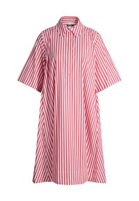 Czerwona i biała sukienka koszulowa w pionowe paski z krótkim rękawem, spiczastym kołnierzem i plisą z przodu.