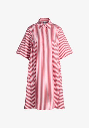Rood-wit gestreepte jurk met korte mouwen, verticale strepen, een puntige kraag en een voorpand met knopenlijst.