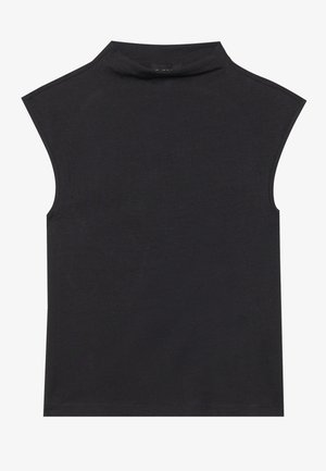 Haut sans manches noir avec un col haut, en tissu doux. Présente des bords bruts et une coupe ajustée, sans motifs ni ornements visibles.