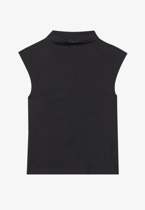 Black sleeveless top with a high collar, made of soft fabric. Features raw edges and a fitted shape, with no visible patterns or embellishments.