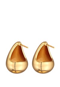 Zelta tonis auskari, kas veidoti kā asaras, ar spīdīgu virsmu un teksturētām iekšējām akcentiem siltā apelsīnu krāsā. Iekļauj nobeiguma atveri.