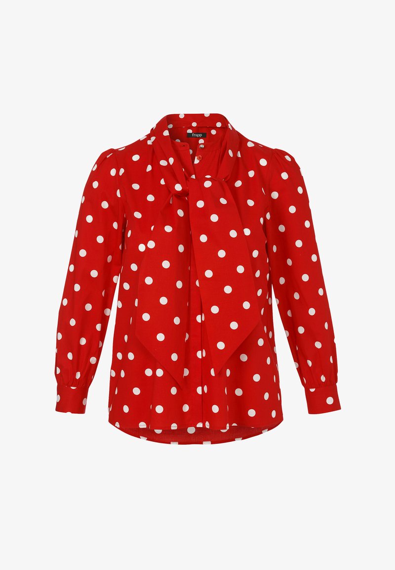 Rote Bluse mit weißen Polka-Punkten, ausgestattet mit einer Schleife am Ausschnitt, langen Ärmeln und Knopfverschluss, aus glattem Stoff gefertigt.