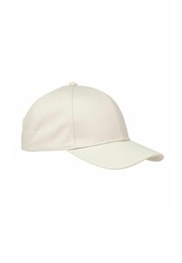 Baseball cap in soft cream fabric, structured shape, curved visor, and stitched detailing on crown, featuring a button on top.